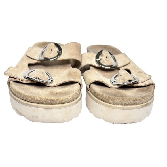 Schutz Light Tan Suede Double Buckle Flat Slip On Contoured Foodbed Sandals - Picture 3 of 9